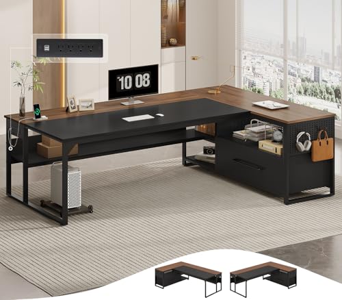 UPOSOJA 71" Executive Desk, L Shaped Office Desk with Widen File Drawers - color: Walnut, size: Widen Drawer