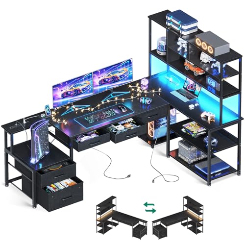 AODK 79 inch L Shaped Desk with 5 Drawers, LED Light & 2 Power Outlets - color: Black, size: 79 Inch