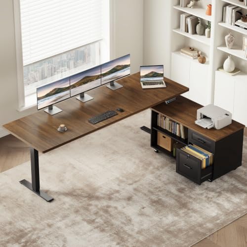 OffiGo 71" L Shaped Electric Standing Desk with Cabinet Sets, Walnut/Black - color: Walnut+black, size: 71 Inch