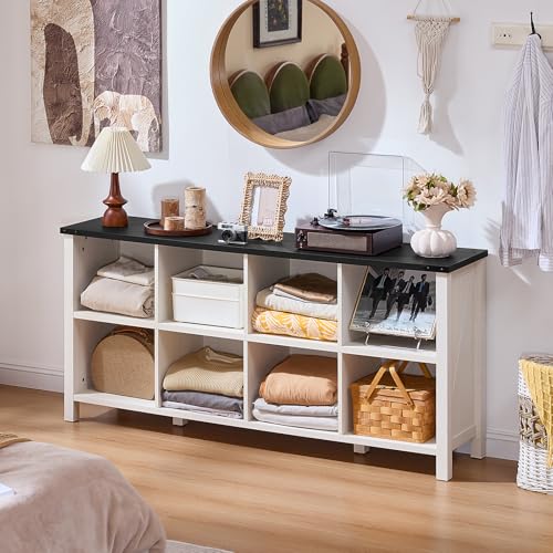 Joaxswe 8 Cube Book Shelf, Farmhouse Wood Long Storage Organizer Bookcase, 62" Horizontal Antique White & Black Console Bookshelf, Kids Toy Storage Cabinet, Modern Open Book Case for Playroom, Office - color: Warm White & Black, size: 8 Cube (13.6"D x 62"