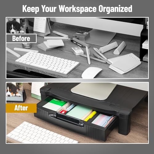 Mind Reader Monitor Stand, Storage Drawer, Desktop Organizer, Laptop Riser, Office, 17.25"L x 13.25"W x 4"H, Black - style: Monitor Stand with Drawer