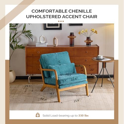 VINGLI Chenille Mid-Century Modern Accent Chair Set of 2, Cute Reading Arm Chair with Cushion & Lumbar Pillow & Solid Wood Frame for Lounge, Living Room, Reading Room, Bedroom, Turquoise - color: Turquoise