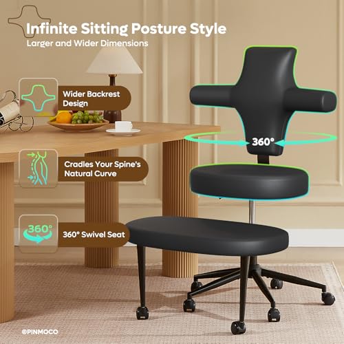 Extra Wide ADHD Cross Legged Office Chair, 360° Swivel Kneeling Meditation | Extra-wide cross-legged kneeling chair with reversible seat, 360° swivel, adjustable height—for ADHD, meditation & comfort - color: Pu Black