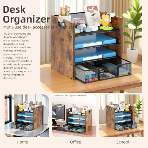 Desk Organizer - 4 Tier Desktop File Organizer with Drawer, Wooden Paper Tray Organizer, Office Desk Accessories Organizer for Papers, Mail, Notebooks, Stationery - size: 4 Tier Drawer
