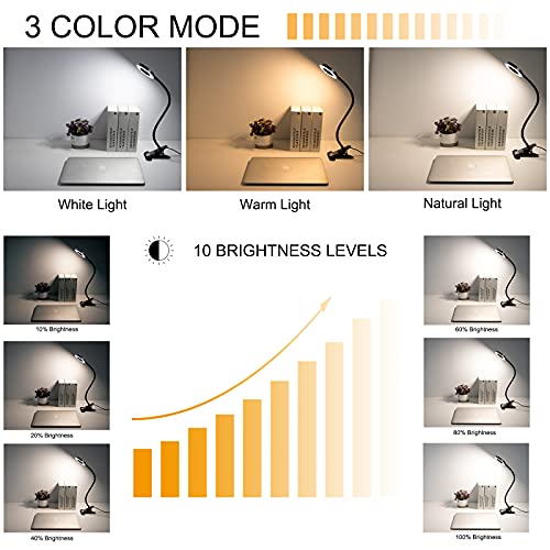 Clip Light Reading Lights 48 LED Clamp-on Desk Lamp with 3 Color Modes and 10 Brightness Dimmable, 360 ° Flexible Gooseneck Book Clamp Light for Video Conference Lighting Headboard