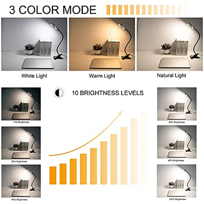 Clip Light Reading Lights 48 LED Clamp-on Desk Lamp with 3 Color Modes and 10 Brightness Dimmable, 360 ° Flexible Gooseneck Book Clamp Light for Video Conference Lighting Headboard