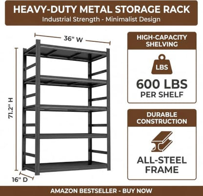 5 Tier Metal Book Shelf, Adjustable Tall Bookcase with Anti-Drop Fence | Heavy Duty 3000 LBS Modern Deep Bookshelf, Bolt-Free Storage Shelves for Living Room, Home Office, Garage - size: 5 Tier-36"Wx 16"Dx 71.2"H