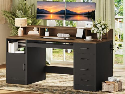 RALGEND 55" Office Desk with Drawers, Farmhouse Executive Desk with Drawers - color: Black, Walnut