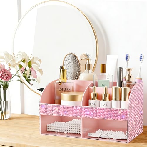 Bling Makeup Organizer with Drawers, Cosmetic Storage for Dresser Vanity and Bathroom Countertop, Beauty Holder for Lipstick Brush, Skincare Organizer for Vanity, Cosmetic Display Case Bling Pink - color: Bling Pink