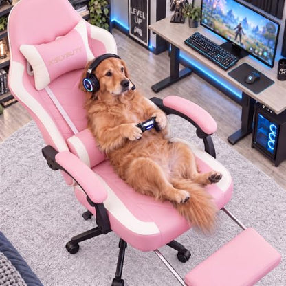Desk Computer Gaming Chair - High Back Ergonomic Office Chair with Footrest and Lumbar Support, Swivel Comfy Home Gamer Video Game Chairs with Pocket Spring Cushion for Adults (Pink Leather) - color: Classic Pink Leather