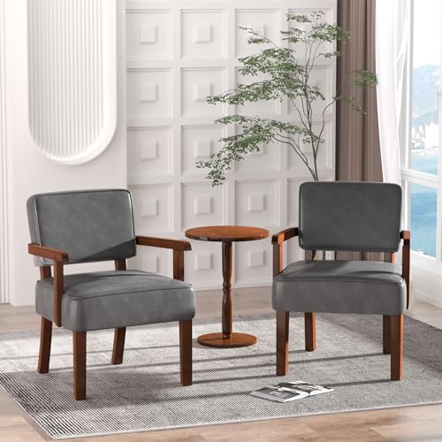 FAGAGA Accent Chairs Set of 2, 2 Solid Wood Armchairs with Side Table | Faux Leather Chair with Soft Thicken Cushion, Comfy Reading Chair for Bedroom, Waiting Room, Home Office, Easy Assembly - color: Faux Leather Gray, size: Set of 2 with table