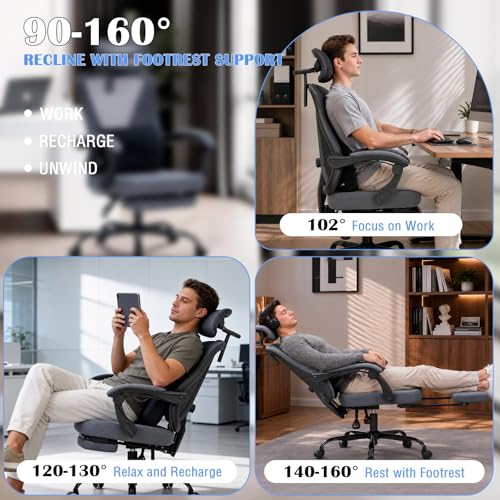 Ergonomic Office Desk Chair with Foot Rest - Adjustable Lumbar Support & Headrest, 90-160° Reclining Mesh Back Computer Chair - Home Office/Gaming for Adults, 400lbs Capacity (Gray) - color: Grey