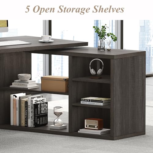 HSH L Shaped Computer Desk, Rustic Wood Corner Desk, Dark Gray Oak, 55 inch - color: Dark Gray Oak