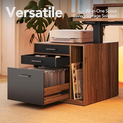 HUANUO LED Electric L Shaped Standing Desk with File Cabinet, Walnut | 63"x55" 2-Tier L-Desk,3-Drawer File Cabinet,RGB LED App Lighting,Built-in Power Outlets,27.6"-46.5" Adjustable Height - color: Walnut, size: with File Cabinet