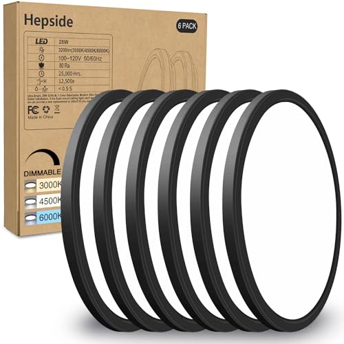 hepside 6PACK Flush Mount LED Ceiling Light Fixture Black, 12Inch 28Watt, Dimmable & 3000K-4500K-6000K Ceiling Lamp 3200LM Low Profile Ceiling Light for Kitchen Bedroom Hallway Porch - color: Black, size: 12Inch-6pack