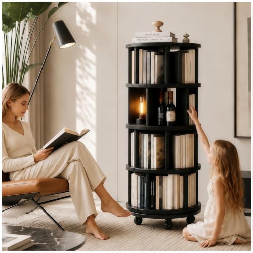 Solid Wood Rotating Round Bookshelf Towers with Wheels,Black Revolving Bookcase 4Tier 360° Wooden Book Shelf Tall Bookshelves,Narrow Rolling DVD Storage Rack,Book Storage,Space Saving (Black - color: Black, size: 4 Tier, 53.2"H