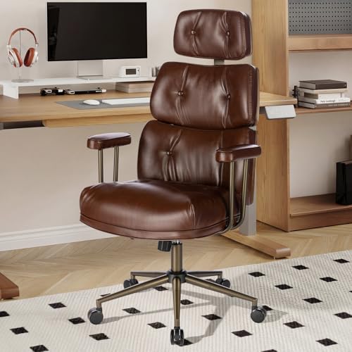 Mid-Century Modern Ergonomic Office Chair, High Back Headrest, Brown | Faux Leather Executive Desk Chair, Walnut Bentwood & Adjustable Headrest, Swivel Computer Chair for Home Office, 300LBS Cap - color: Brown, size: High Back Style