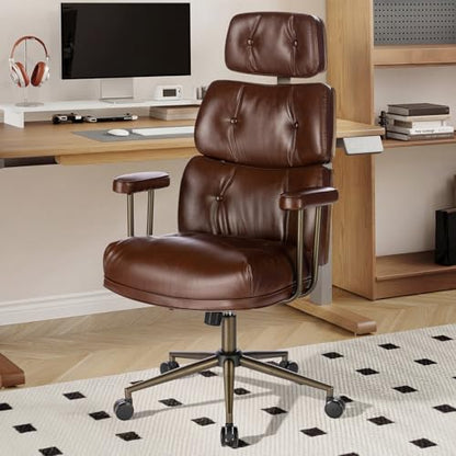 Mid-Century Modern Ergonomic Office Chair, High Back Headrest, Brown | Faux Leather Executive Desk Chair, Walnut Bentwood & Adjustable Headrest, Swivel Computer Chair for Home Office, 300LBS Cap - color: Brown, size: High Back Style