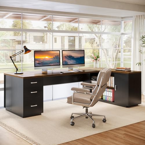 Tribesigns 85.8-Inch L-Shaped Executive Desk, Warm Brown & Black - color: Warm Brown & Black