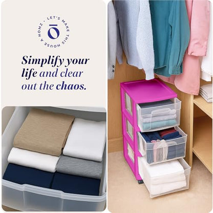 HOMZ Drawer Tower, 3-Tier Storage Cart with Removable Wheels, Purple Frame - color: Purple, size: 1 Pack