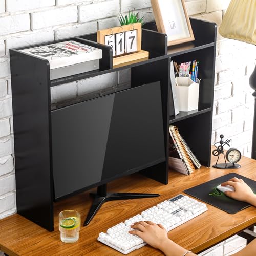 Briwooody Dorm Desk Bookshelf Desk Hutch Organizer with 5 Shelves and 3 Tier Desktop Hutch Storage Organizer for College Dorm Home Office Supply, 32.5 x 23.5 x 8 Inch(Black) - color: Black