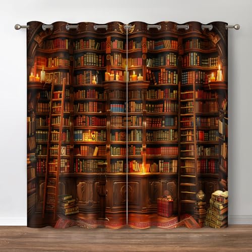 Vintage Bookshelf Blackout Curtains 2 Panel Set, 42"x63" | Library Bookcase Ladder Candle Decor Shading Drapes for Bedroom Study Classroom Living Room Darkening Grommet Window Drapes - color: Bookshelf2, size: 42"W x 63"L (Pack of 2)