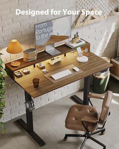 Agilestic 48 * 24 Inch Electric Standing Desk with Shelf & Led, Dark Walnut - color: Led-dark Walnut, size: 48 x 24 Inches with led and power strips