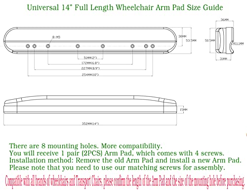 Universal 14” Full Arm Pad,Universal Duty Full Length (14") Wheelchair and Transport Chair Arm Pads w/Hardware, Replacement Vinyl Arm Pad Parts, Compatible with All Brands(1Pair,Black)