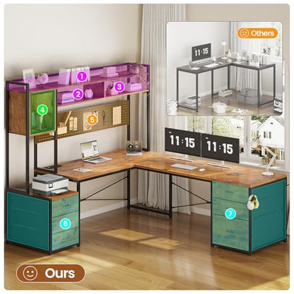 SEDETA Reversible L Shaped Gaming Desk with 6 Drawers, Hutch, Led Lights - color: Rustic Brown