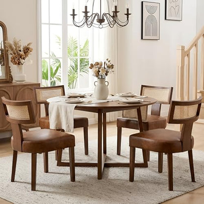 HNY Mid Century Modern Rattan Dining Chairs Set of 2, Farmhouse PU Leather Upholstered Accent Chair Curved Backrest Kitchen Chairs, with Hardwood Frame, Brown - color: Brown Rattan