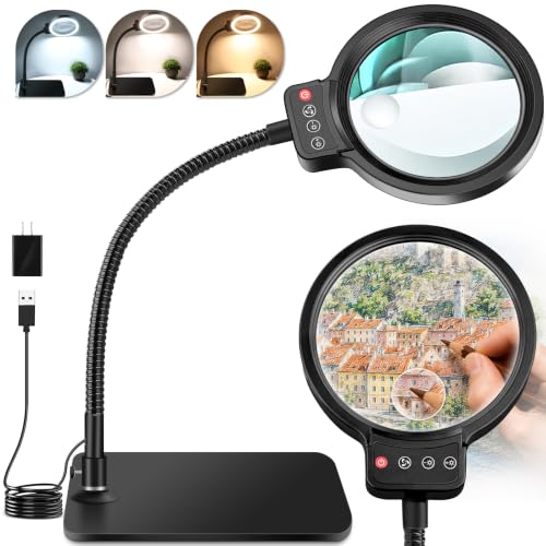 30X 10X Magnifying Glass with Light and Stand, LED Desk Lamp for Close Work - color: Black