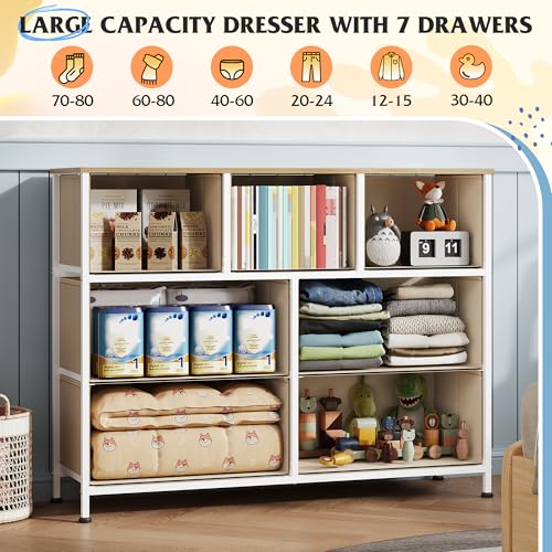 WLIVE 7 Drawer Dresser TV Stand, Entertainment Center, Media Console Table with Metal Frame and Wood Top for TV up to 45 inch, Chest of Drawers for Bedroom, Living Room, Cream White - color: Cream White