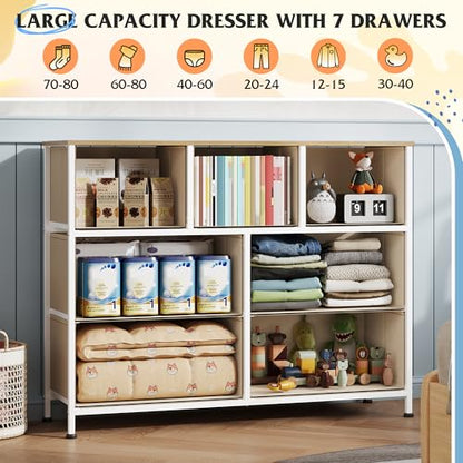WLIVE 7 Drawer Dresser TV Stand, Entertainment Center, Media Console Table with Metal Frame and Wood Top for TV up to 45 inch, Chest of Drawers for Bedroom, Living Room, Cream White - color: Cream White