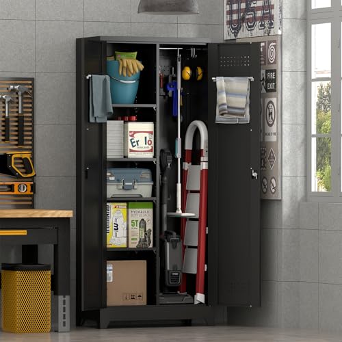 Metal Utility Closet,Broom Closet Storage Cabinet with Doors and Shelves,Locking Storage Cabinets for Home Office,Gym,Laundry,Black - size: 72"H x 31.5"W x 15.74"D-Black