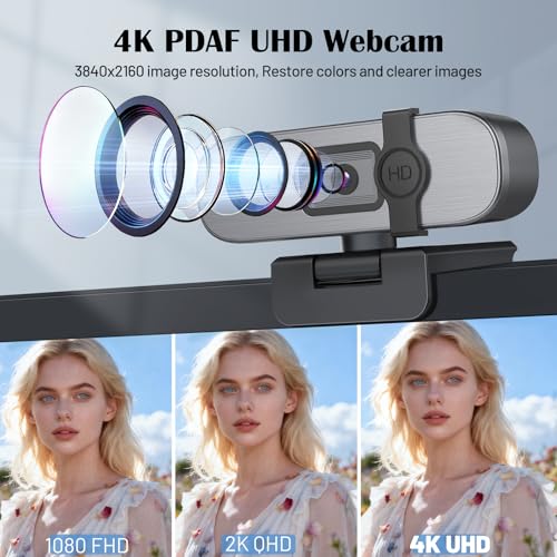 YQE 4K Webcam with Tripod, UHD Web Cam with Microphone, PDAF Autofocus Webcam with Remote Control, Privacy Cover, USB Type-A & A-to-C Adapter Computer Camera for Calling, Zoom/Teams/Facetime/Switch 2
