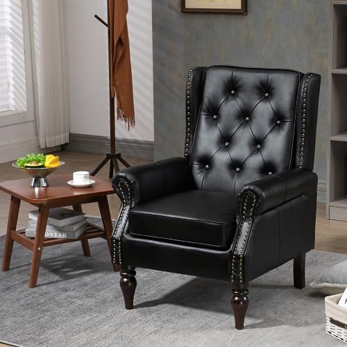 Mid-Century Wingback Chair, PU Leather Accent Chair Armchair with Buttons,Modern Living Room Chairs with Rivet Decoration,Leisure Single Sofa Chair for Bedroom,Club,Home Reception (PU Black) - color: Pu Black