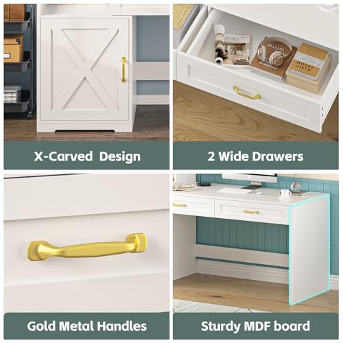 60" White Computer Desk with Drawers & Bookshelves for Bedroom, Home Office - color: White