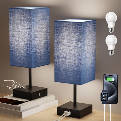Touch Bedside Table Lamp for Bedroom, 14-Inch, Navy Blue Set of 2 | USB A+C Ports, Touch 3-Way Dimmable LED Bulb Included Fabric Lampshade Metal Base Small Nightstand Lamp for Desk Living Room - color: Upgraded Navy Blue, size: 2-Pack