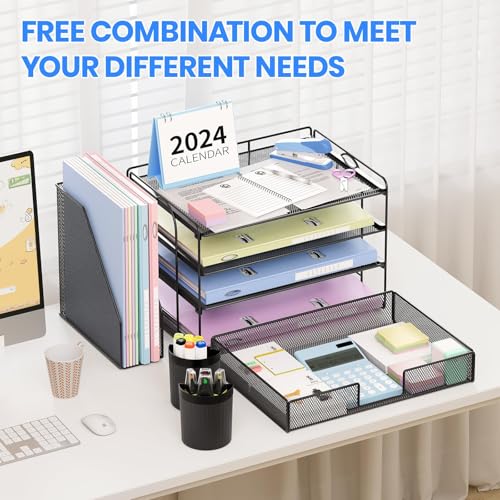 OPNICE Desk Organizer, 4-Tier Desktop File Organizer with Drawer and Pen Holders, Office Desk Accessories, File Sorters, Workspace Organizers for Office Supplies(Black 2-Pack) - color: Black 2-Pack, size: 4T