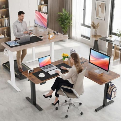 63x5in L Shaped Standing Desk with Outlets & Mouse Pad, Oak Grey - color: Oak Grey