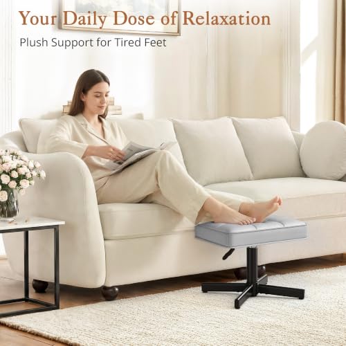 LUE BONA Adjustable Vanity Stool, 15''-19.5'' Foot Rest Under Desk, 360° Swivel Vanity Chair for Makeup Room, Silver Upholstered Faux Leather Ottoman for Bathroom & Living Room, 300lbs - color: Silver