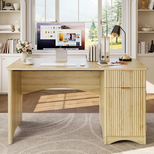 Bestier 47 inch Fluted Computer Desk with Drawer, Office Desk with File Cabinet, Modern Wood Desk with Storage Cabinet for Home Office Bedroom Study, Natural Oak - color: Natural Oak, size: 47"W with Single-Sided