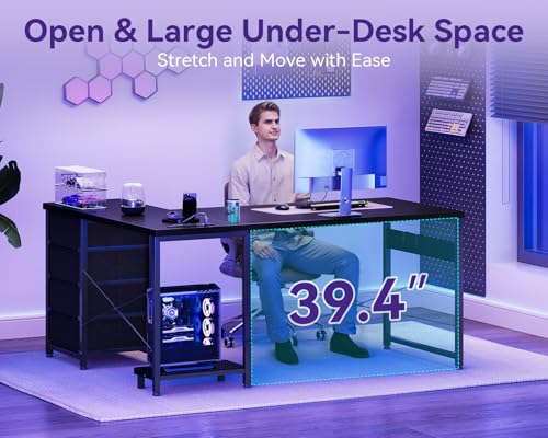 AODK 53" L Shaped Gaming Desk with 4 Drawers and Power Outlets, Black - color: Black, size: 53 Inch