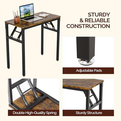 VINGLI Small Computer Desk No Assembly Required, Folding Desk as Writing Table, Dining Table and Workbench, Foldable Desk for Small Space & Home Office, 31.5 Inch, Brown & Black Frame - color: Brown