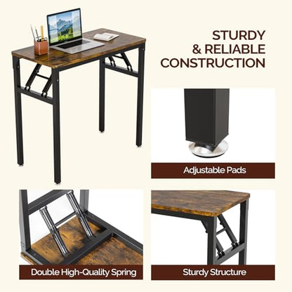 VINGLI Small Computer Desk No Assembly Required, Folding Desk as Writing Table, Dining Table and Workbench, Foldable Desk for Small Space & Home Office, 31.5 Inch, Brown & Black Frame - color: Brown