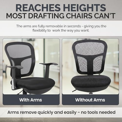 OfficeFactor Drafting Chair Tall Office Chair with Arms Executive Ergonomic Standing Desk Chair with Anti Scratch Wheels and Footrest - color: Black