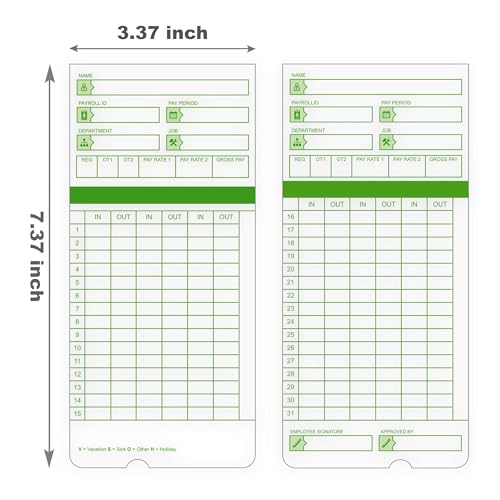 Time Cards for Employees Monthly,Numbered Days,All Pay Periods,300 Count,2-Sided,3 3/8" x 7 3/8",Green Print,Timecards for Time Clocks