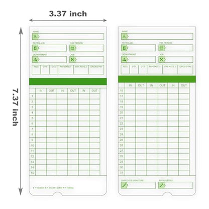 Time Cards for Employees Monthly,Numbered Days,All Pay Periods,300 Count,2-Sided,3 3/8" x 7 3/8",Green Print,Timecards for Time Clocks