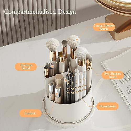 Makeup Brush Holder Organizer (Clear White Cap) | With Lid, 360° Rotating, Dustproof, For Vanity Desktop Bathroom Countertop - color: Clear White Cap
