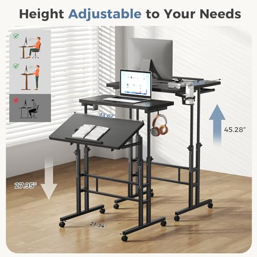 DUMOS Rolling Standing Desk, Sit Stand Desk, Computer Cart | 23.6 Inch Width, Height Adjustable, Split Top, Mobile Laptop Workstation, Office Table, Portable Design, Black - color: Black